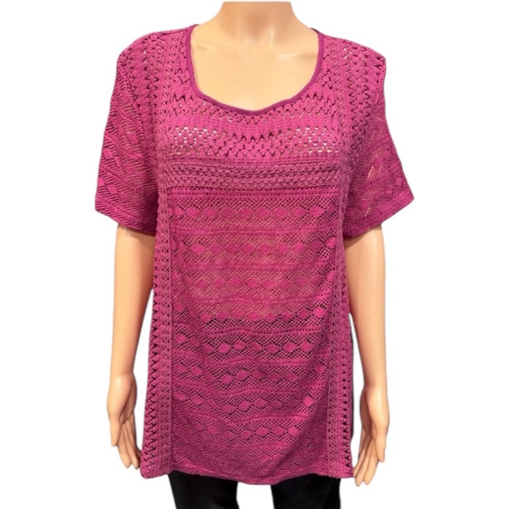 Lucky Brand Magenta Crochet Knit Short Sleeve Top NWT XL